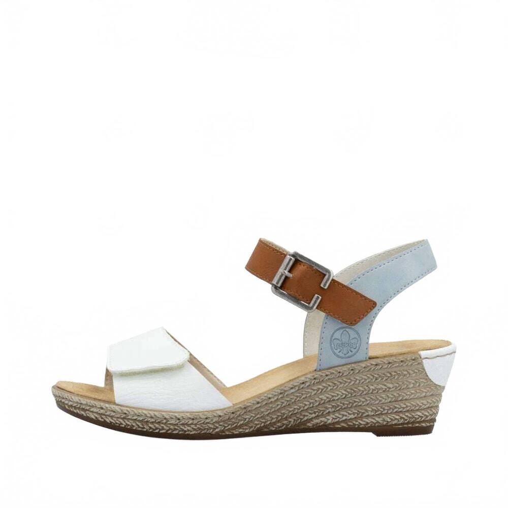 NEW RIEKER women's low wedge sandal in white/blue